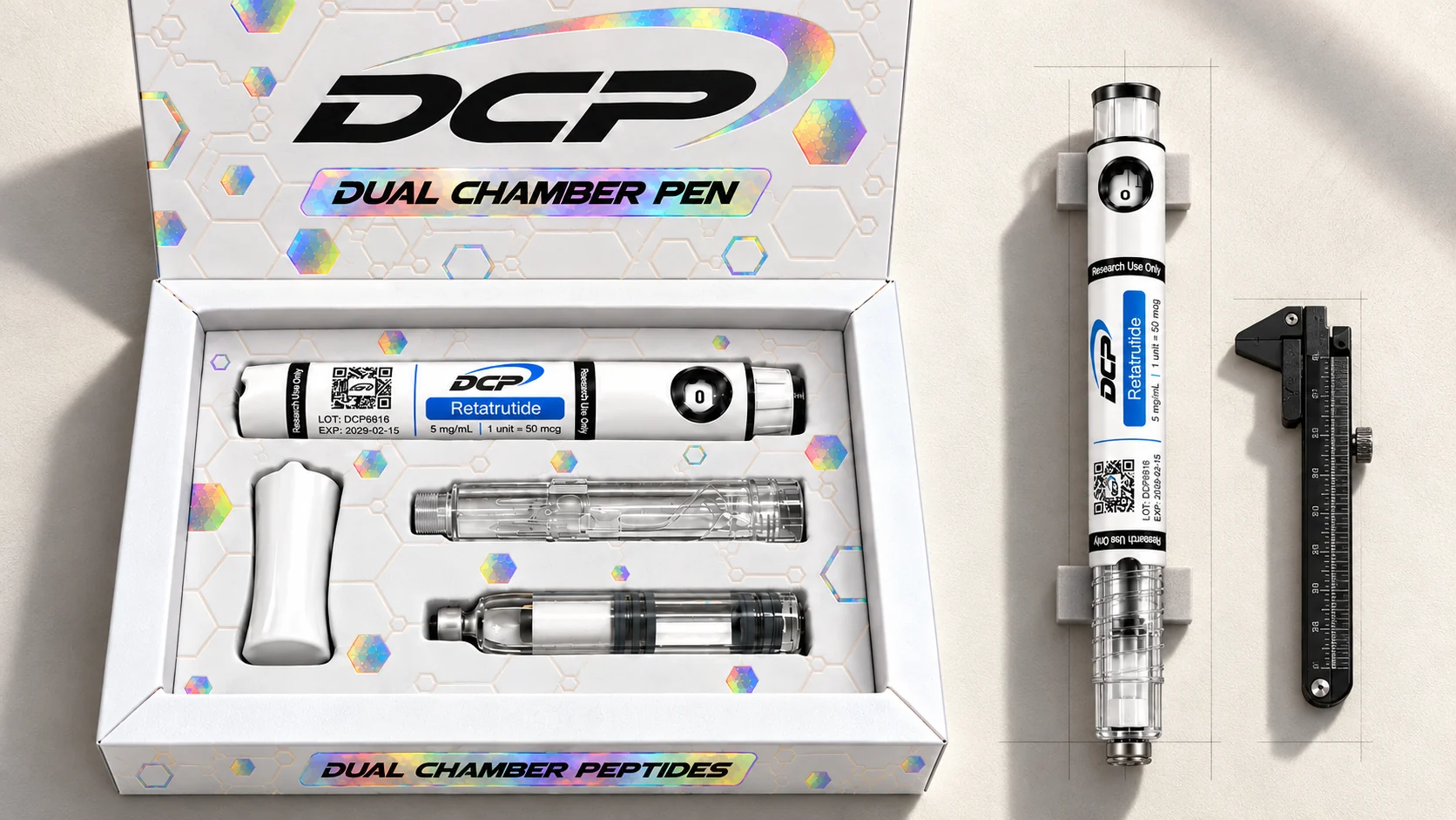 Dual Chamber Peptides — Editoryal ürün kompozisyonu; gerçek tesislerin, aksesuarların veya test sonuçlarının fotoğrafı değildir.