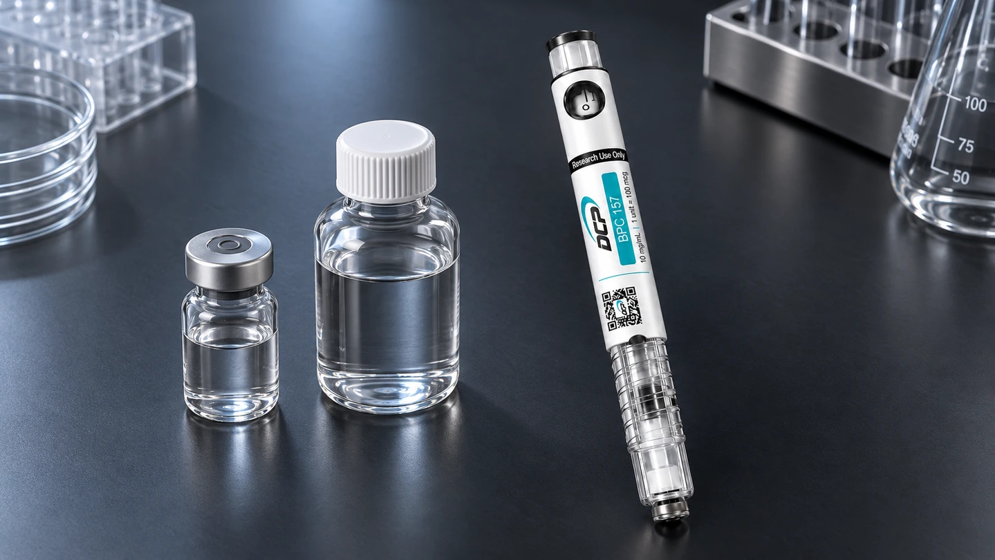 Geleneksel bir flakon, bir çözücü şişesi ve paketlenmiş laboratuvar ekipmanının yanında bir Dual Chamber Peptides kalem enjektör